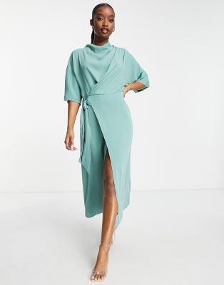 Asos Design Cowl Neck Midi Dress With Wrap Skirt In Duck Egg-blue