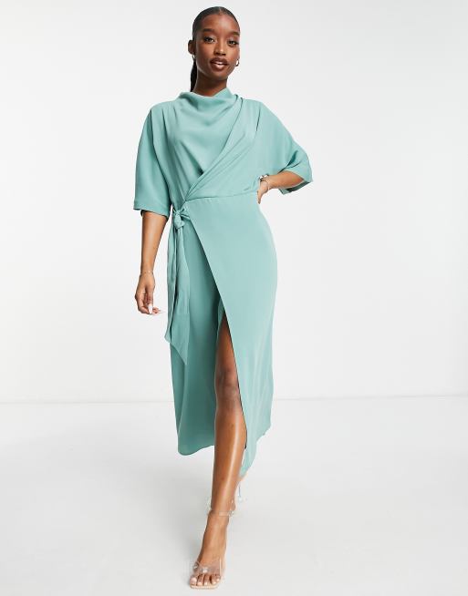 ASOS DESIGN cowl neck midi dress with wrap skirt in duck egg | ASOS