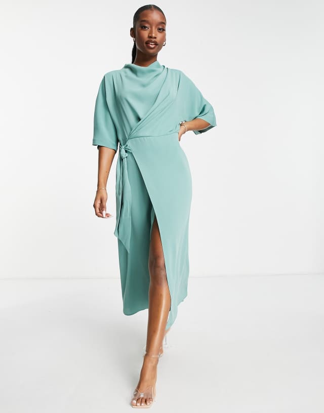 ASOS DESIGN cowl neck midi dress with wrap skirt in duck egg