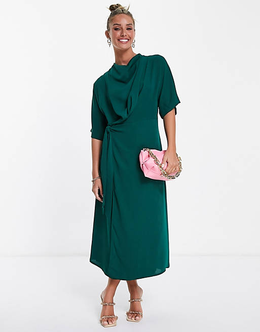 Women cowl neck midi dress with wrap skirt in forest green 