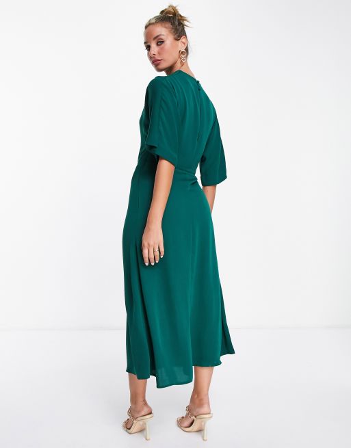 ASOS DESIGN cowl neck midi dress with wrap skirt in forest green