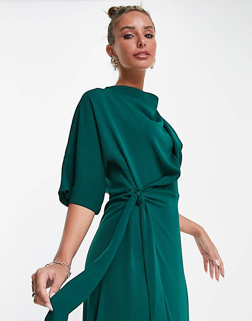 Women cowl neck midi dress with wrap skirt in forest green 