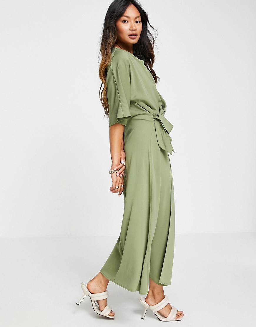 ASOS DESIGN cowl neck midi dress with wrap skirt in khaki-Green