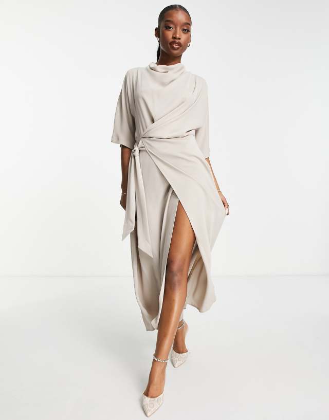 ASOS DESIGN cowl neck midi dress with wrap skirt in taupe