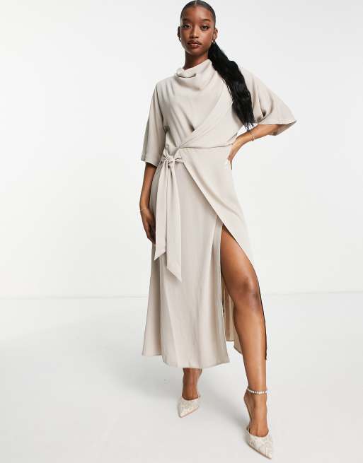 ASOS DESIGN wrap neck drape PU midi dress in taupe