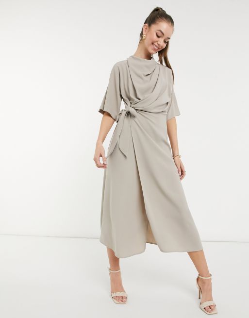 Asos Design Cowl Neck Midi Dress With Wrap Skirt In Taupe Asos 