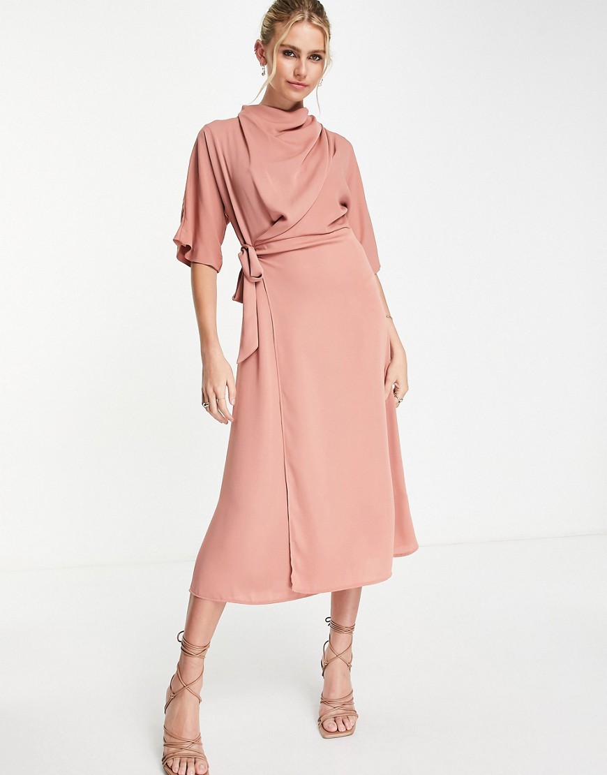 ASOS DESIGN cowl neck midi dress with wrap skirt in teracotta-Pink