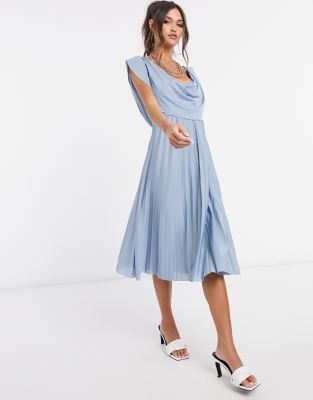 ASOS DESIGN cowl neck midi pleated dress in dusky blue | ASOS