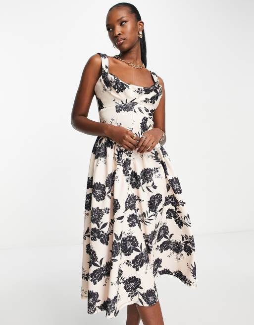 ASOS DESIGN cowl neck midi skater dress in black and beige floral