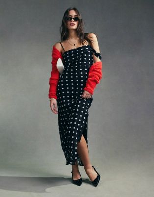 Asos Design Cowl Neck Midi Slip Dress In Mono Spot-multi