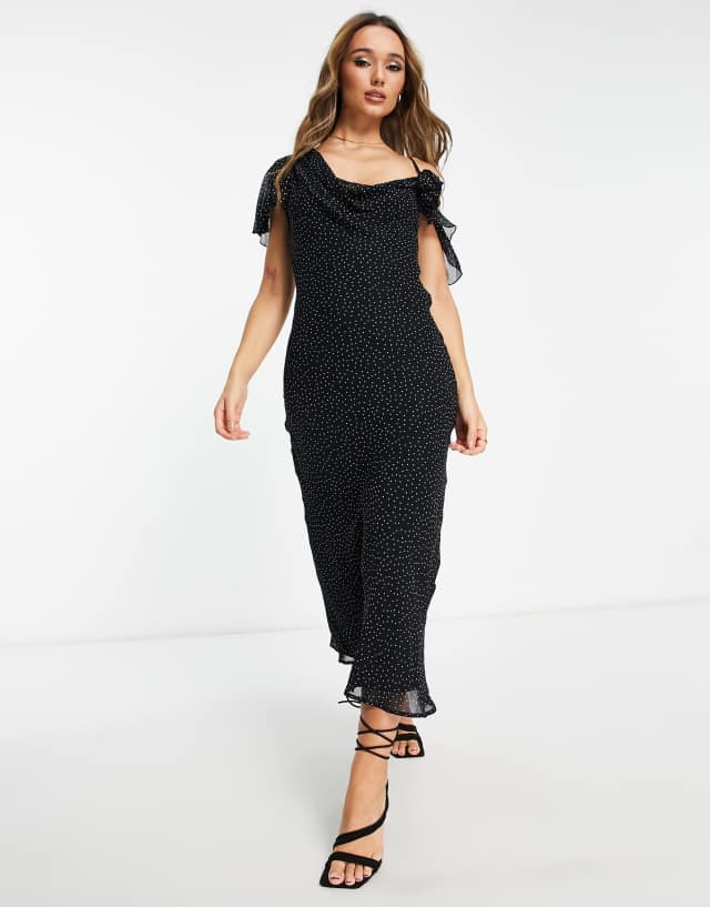 ASOS DESIGN cowl neck midi slip dress with corsage detail strap in black spot