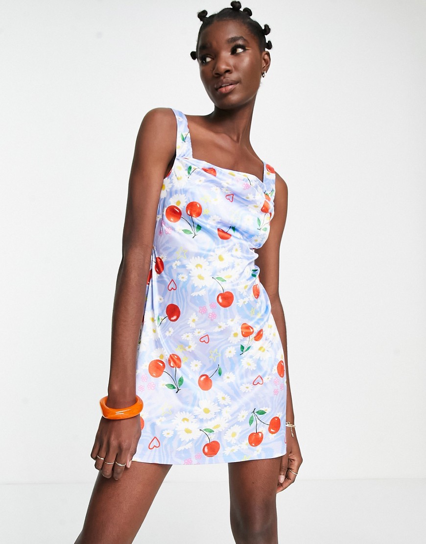 ASOS DESIGN cowl neck mini dress in cherry and daisy print-Multi