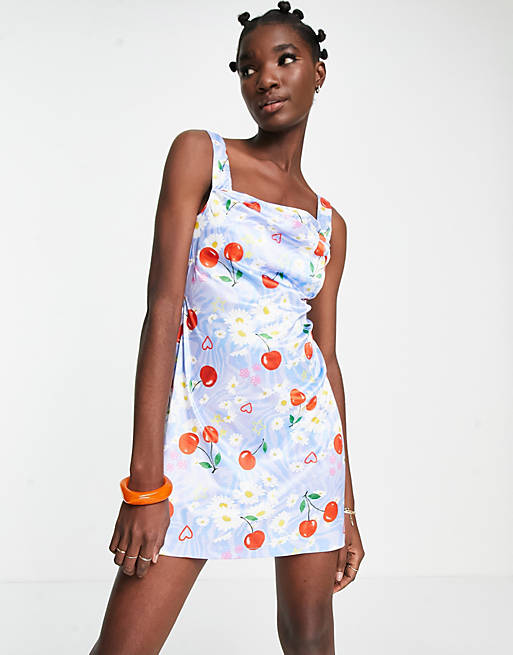 ASOS DESIGN cowl neck mini dress in cherry and daisy print | ASOS