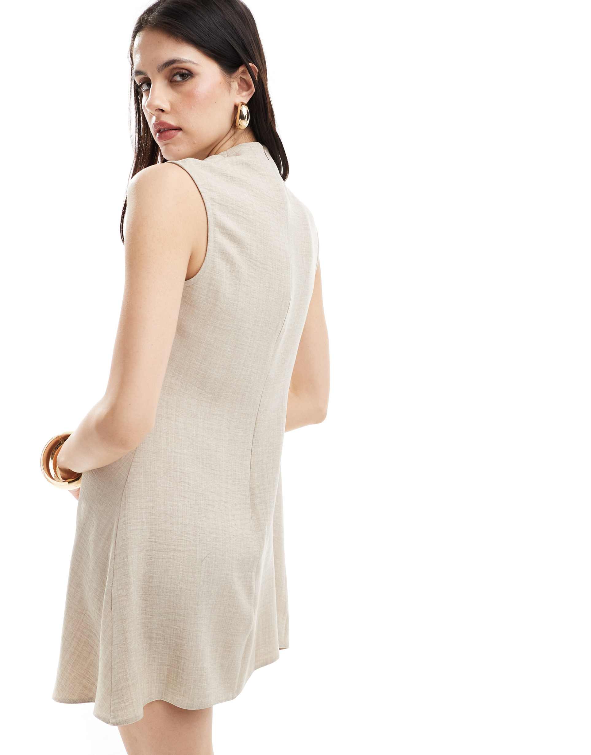 asos design cowl neck mini dress with gathered waist detail in stone