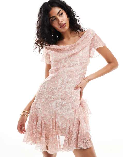 ASOS DESIGN cowl neck mini dress with godets in pretty floral print - view 1