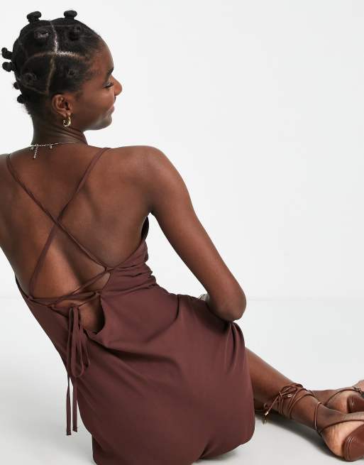 Plus Chocolate Satin Cowl Neck Lace Up Back Midi Slip Dress