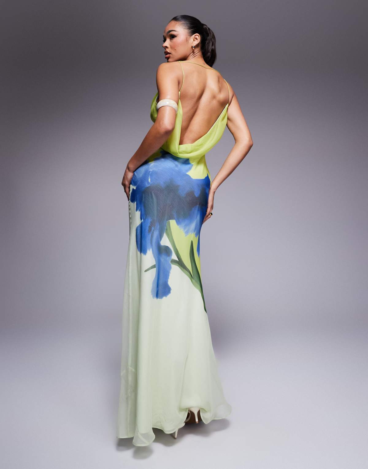 ASOS DESIGN cowl neck plunge maxi dress with back detail in placement floral print