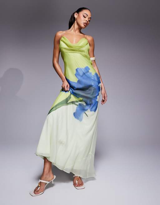 ASOS DESIGN cowl neck plunge maxi dress with back detail in placement floral print