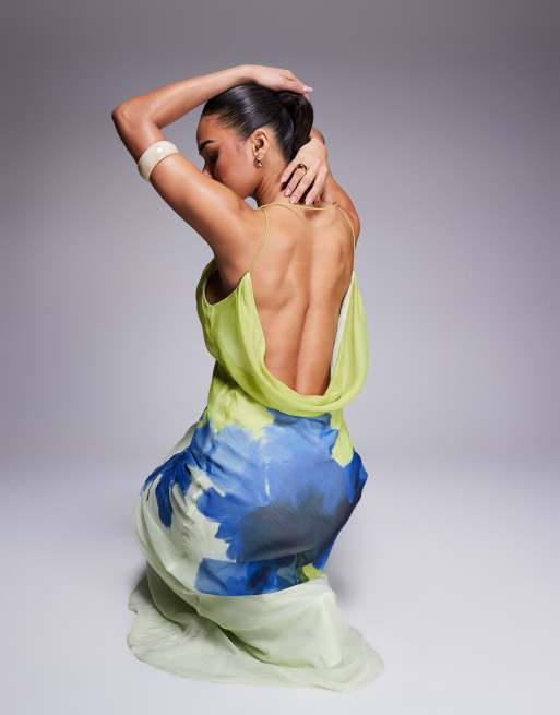 ASOS DESIGN cowl neck plunge maxi dress with back detail in placement floral print