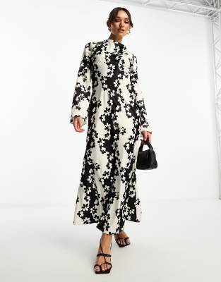 Asos Design Cowl Neck Print Satin Maxi Dress In Mono Floral Print-multi