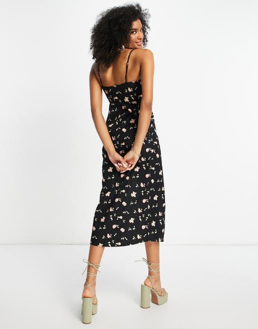 ASOS DESIGN cowl neck ruched side midi sundress in black floral