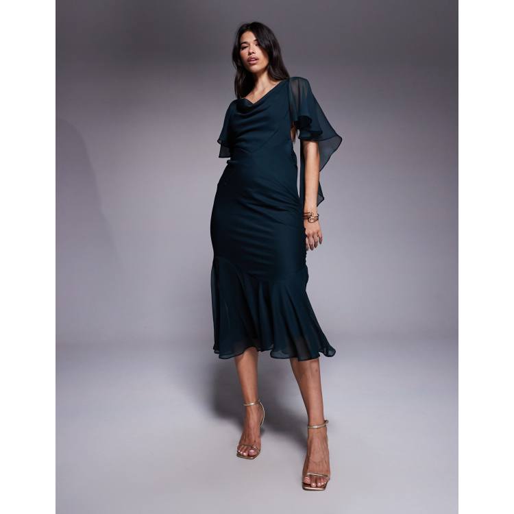 strapless open back dress CurveWow High Neck Angel Sleeve Pleated Midi Dress Black – Curvewow main image 0