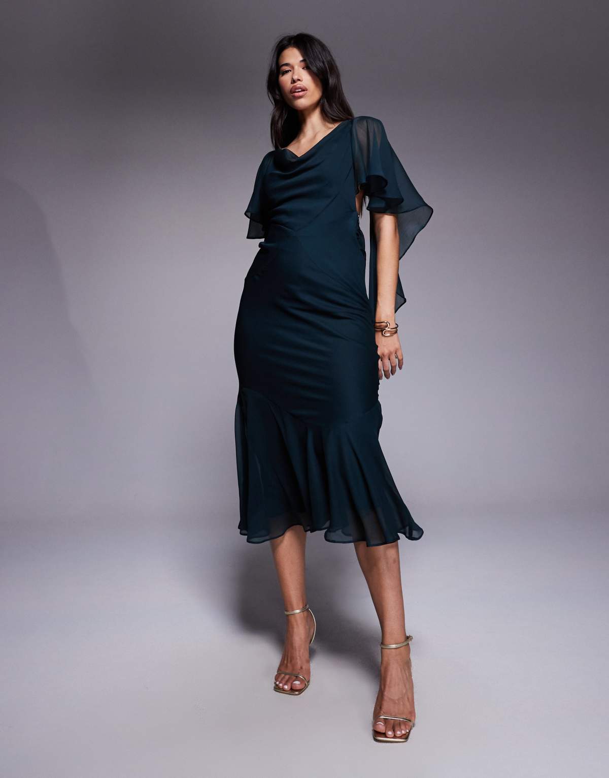 ASOS DESIGN cowl neck ruffle hem maxi dress in dark green