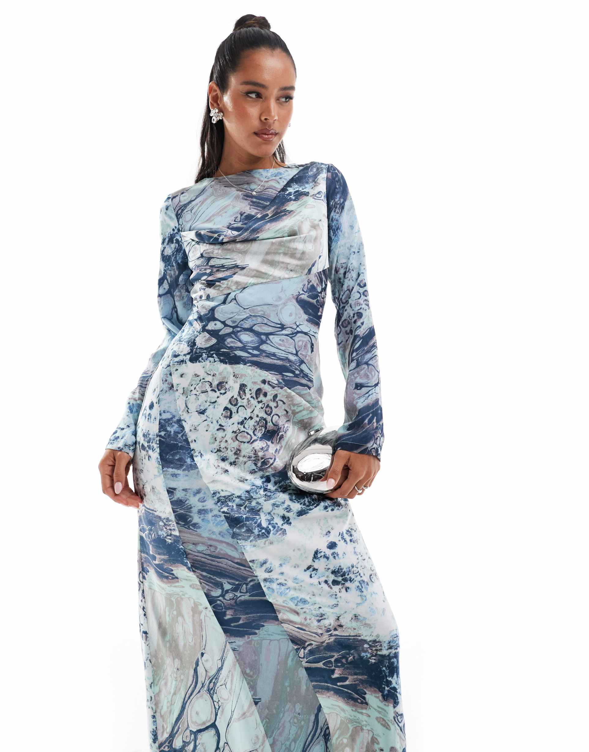 asos design cowl neck satin chiffon mix long sleeve maxi dress in marble abstract print