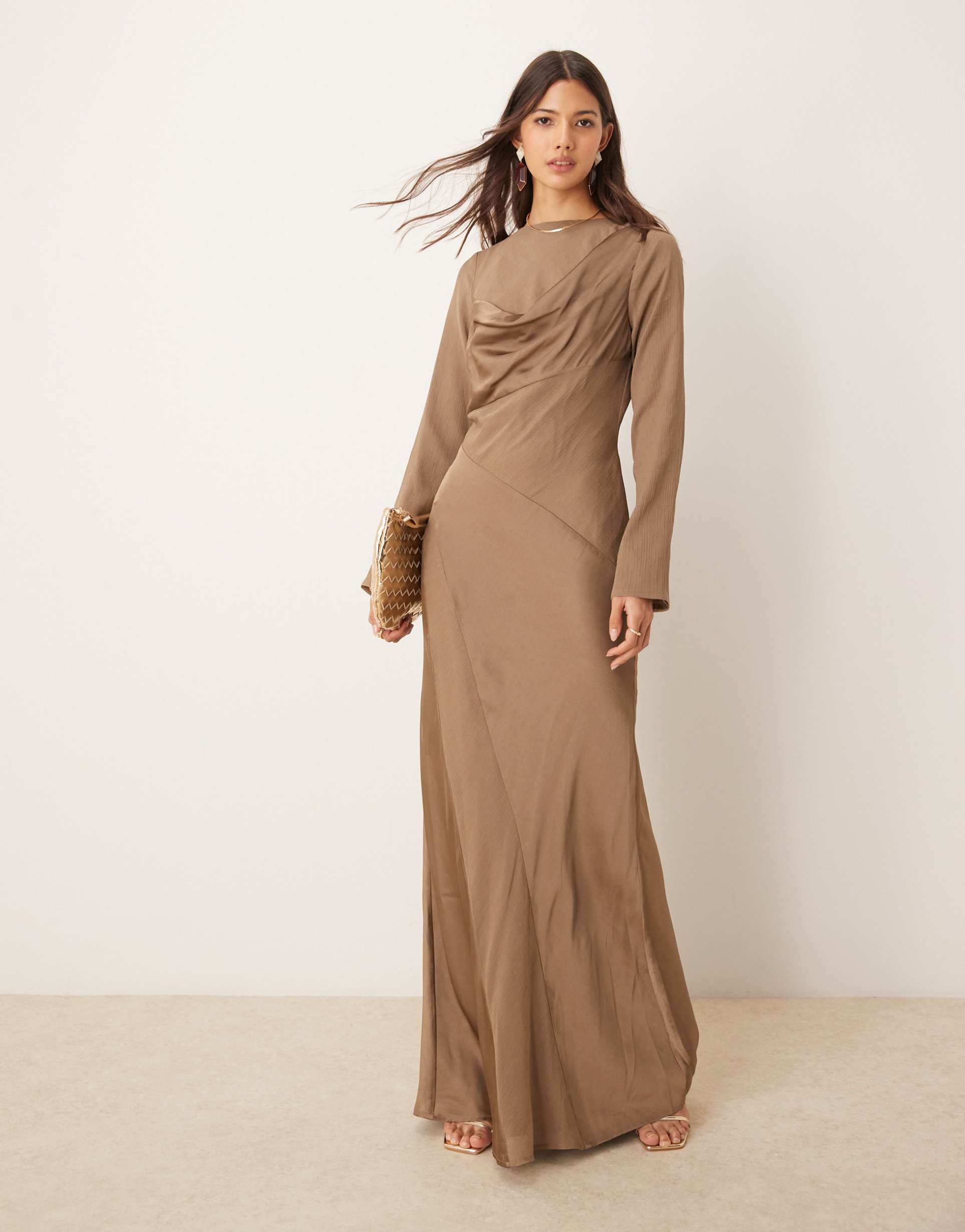 asos design cowl neck satin chiffon mix long sleeve maxi dress in mink brown