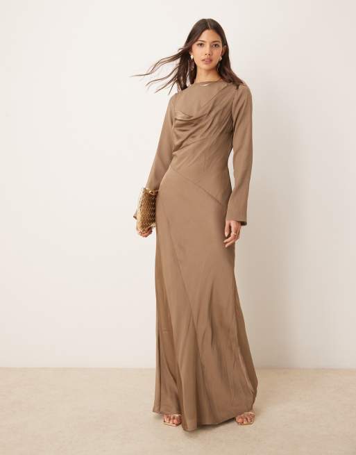 ASOS DESIGN cowl neck satin chiffon mix long sleeve maxi dress in mink brown