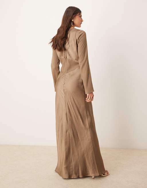 ASOS DESIGN cowl neck satin chiffon mix long sleeve maxi dress in mink brown