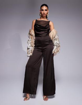 cowl neck satin jumpsuit with sheer underlay and buckle back in chocolate brown