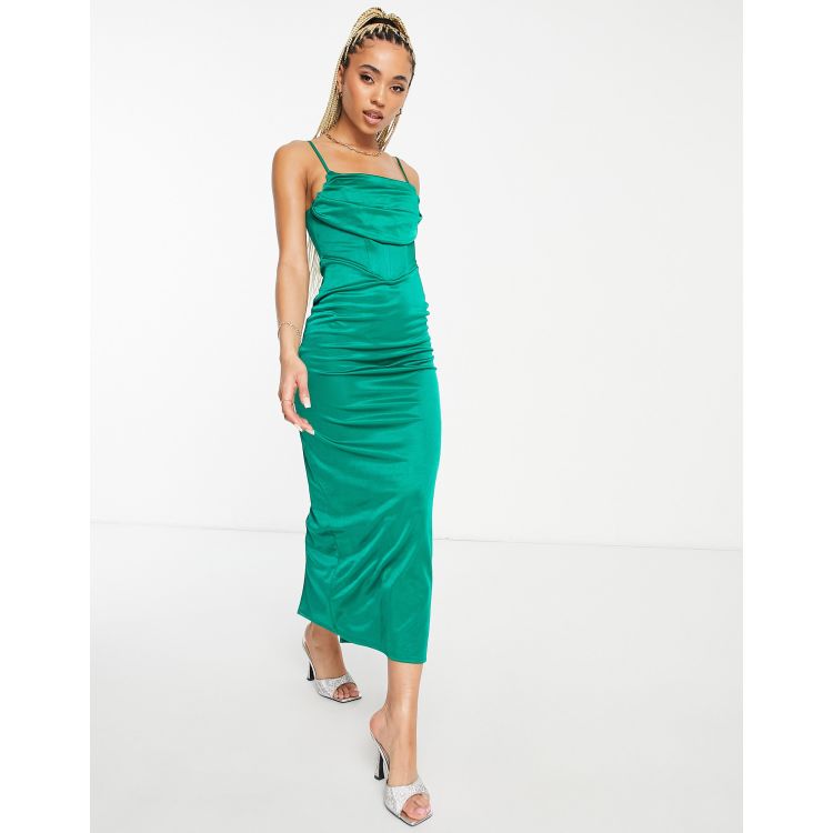 Jewelle Midi Dress - High Split Cowl Neck Satin Dress in Green