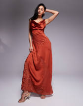 ASOS DESIGN satin asymmetric shoulder drape bodice maxi dress with side slit in deep rust