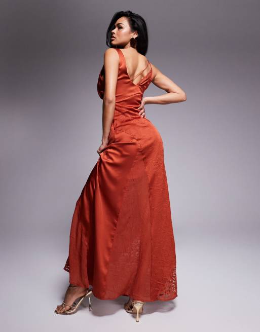 ASOS DESIGN cowl neck satin maxi dress with lace paneling in rust 