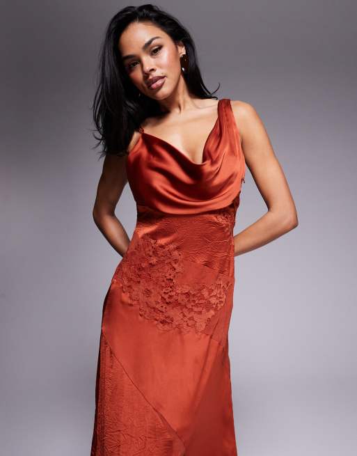 ASOS DESIGN cowl neck satin maxi dress with lace paneling in rust 