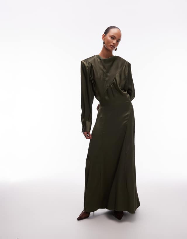 asos green cowl neck dress DESIGN satin maxi with power shoulder in olive official willy wonka