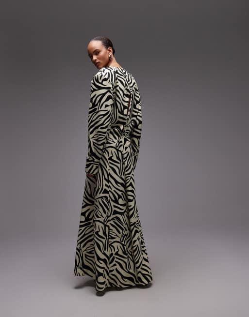 ASOS DESIGN cowl  neck satin maxi dress with power shoulder in zebra print, 3 of 4