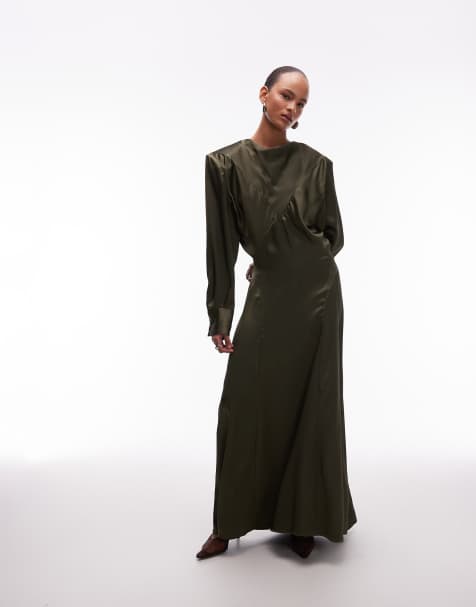ASOS DESIGN cowl neck satin maxi dress with power shoulders in olive green - view 1