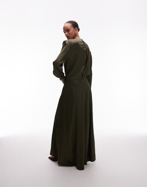 ASOS DESIGN cowl neck satin maxi dress with power shoulders in olive green, 4 of 4