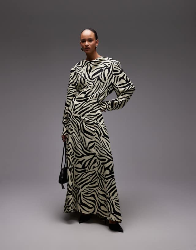 black and white zebra print maxi dress ASOS DESIGN cowl neck satin with power shoulders in Womens dresses