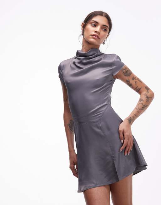 ASOS DESIGN cowl neck satin mini dress in grey, 4 of 4