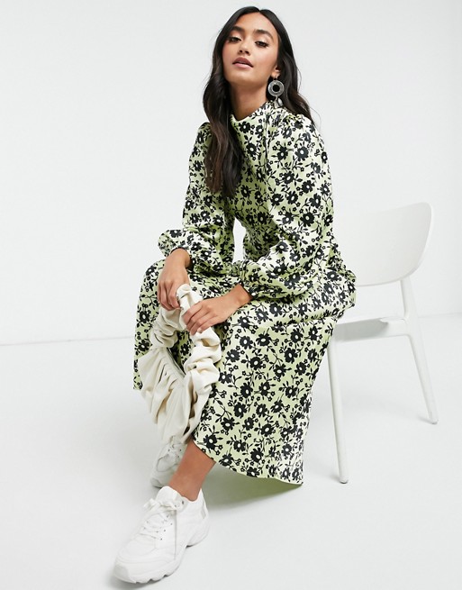 ASOS DESIGN cowl neck satin tea maxi dress with puff sleeve in green floral print