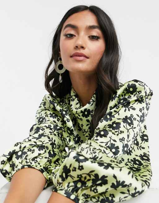 ASOS DESIGN cowl neck satin tea maxi dress with puff sleeve in green floral print