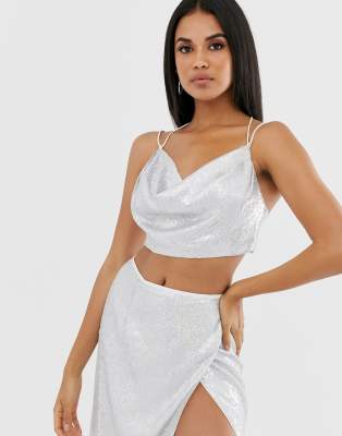 ASOS DESIGN cowl neck sheet sequin crop top two-piece