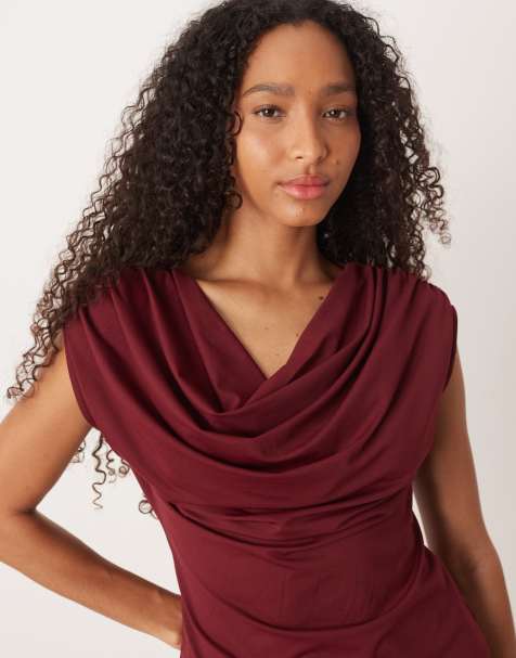 ASOS DESIGN cowl neck short sleeve top in burgundy - view 1