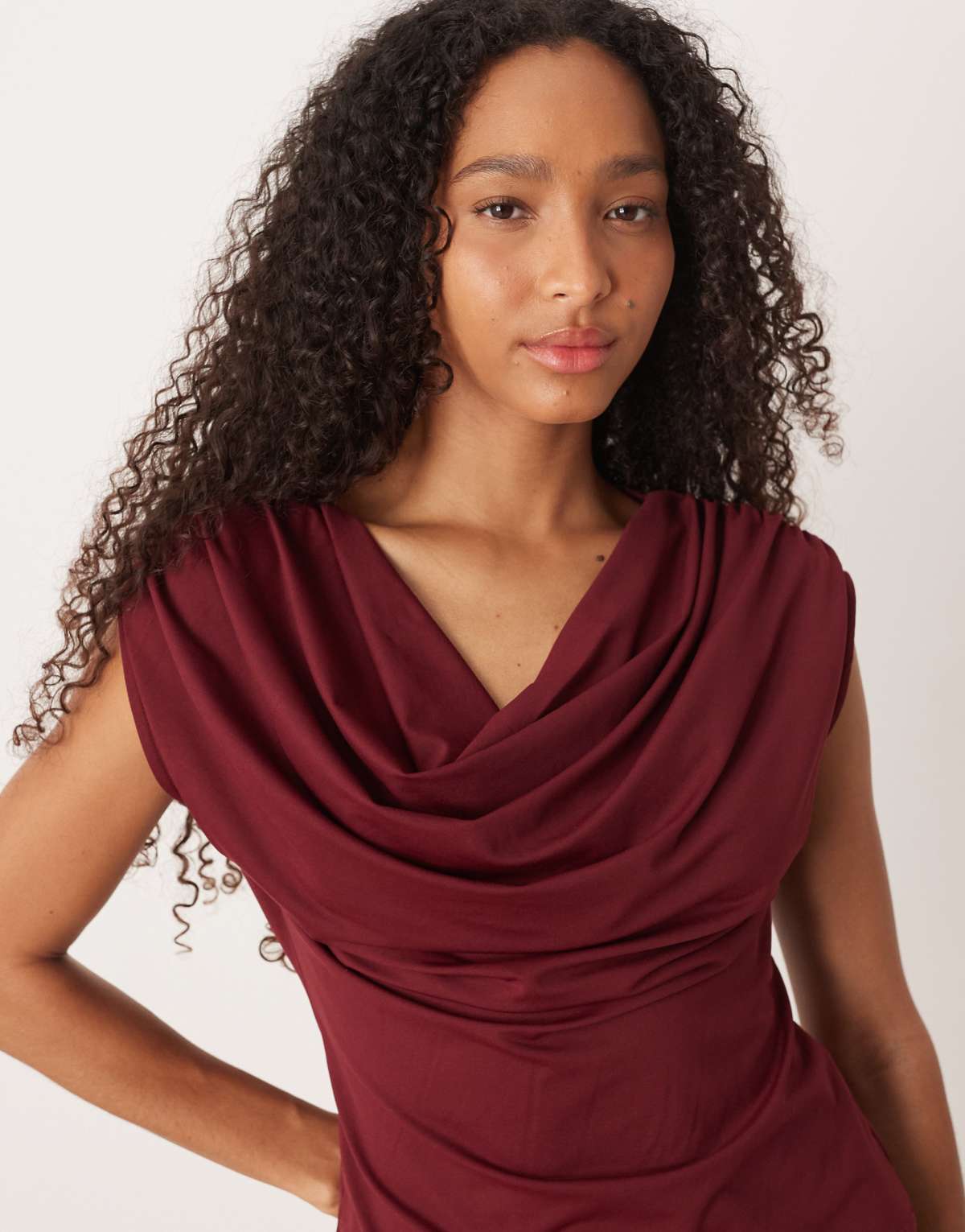 ASOS DESIGN cowl neck short sleeve top in burgundy