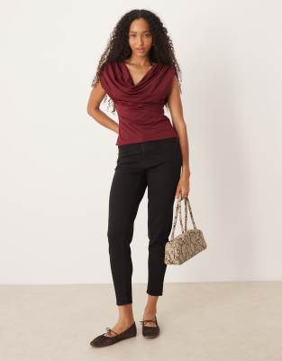 Asos Design Cowl Neck Short Sleeve Top In Burgundy
