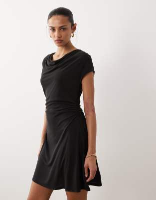 Asos Design Cowl Neck Short Sleeve With Ruching Modal Mini Dress In Black