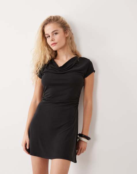 ASOS DESIGN cowl neck short sleeve with ruching modal mini dress in black - view 1